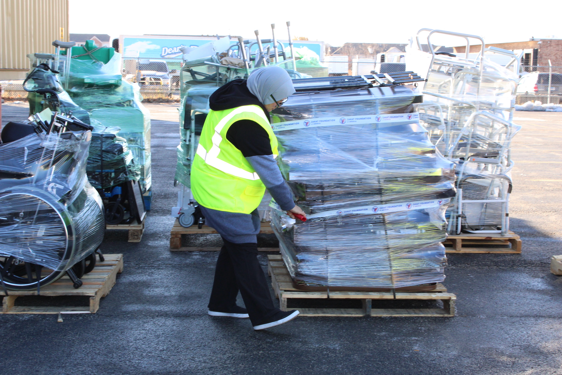 A shipment of medical supplies is packages at our headquarters for shipment to Gambia